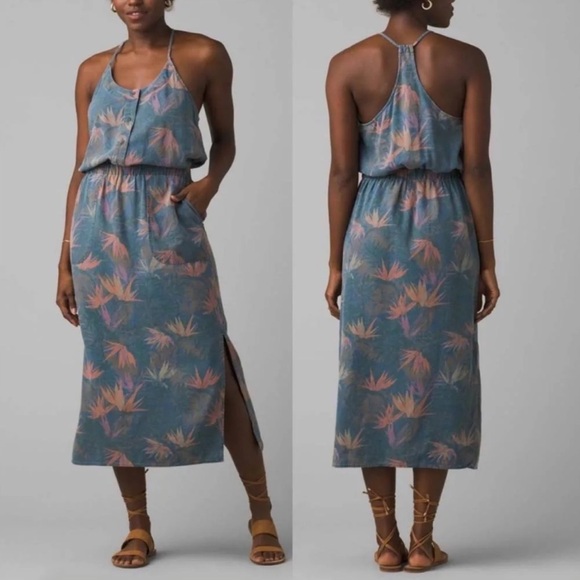 NWT Prana Blue Washed Leaves Denim Chambray Sky Haven Dress Spaghetti Straps - Picture 1 of 11